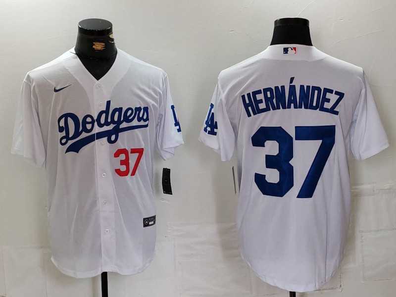 Mens Los Angeles Dodgers #37 Teoscar Hernandez Number White Cool Base Stitched Jersey